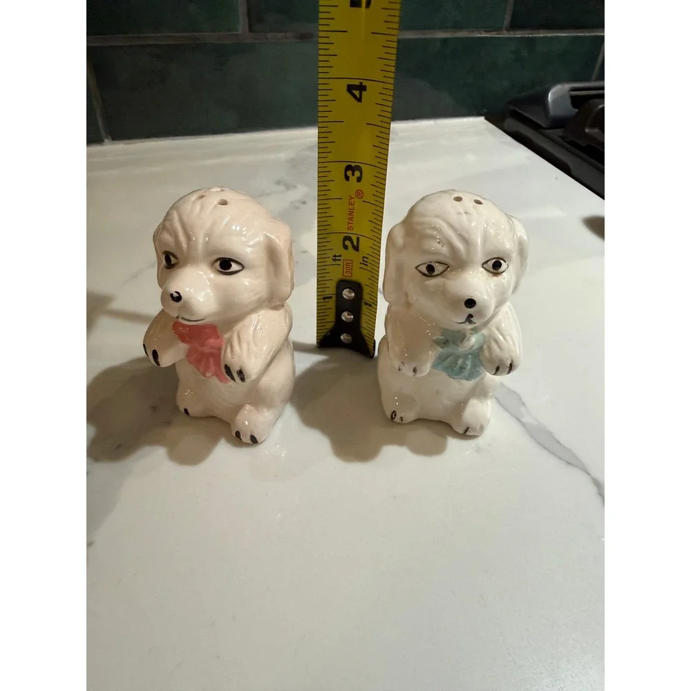 Vintage Ceramic Puppy Dog Salt and Pepper Shakers White Pink Blue Bows Set of 2